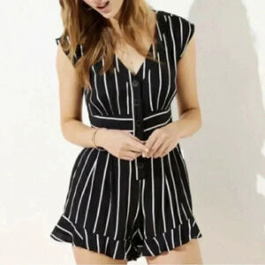 Loft black white striped romper lightweight summer spring jumper Ruffle‎